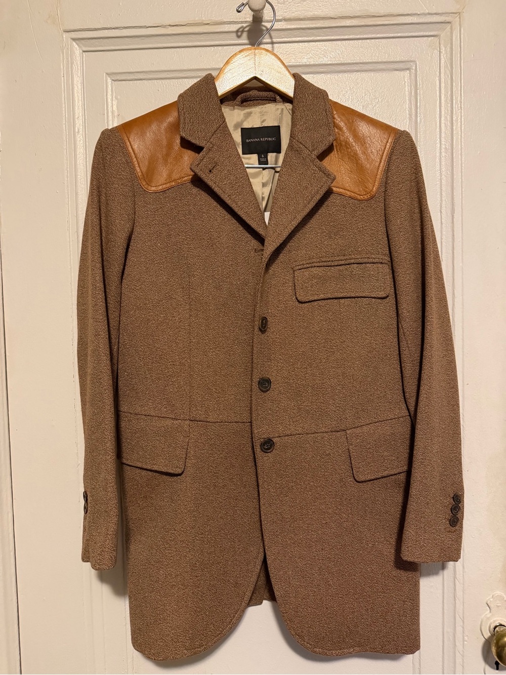Banana Republic Brown Wool-Blend Pea Coat with Tan Leather Yoke